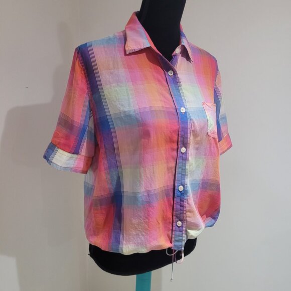 American Eagle Multicolor Plaid Short Sleeve Button Down Blouse Size Medium - Picture 3 of 15